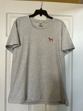 Ladies Light Heather Gray Crewneck T‑Shirt with Small Dog Logo